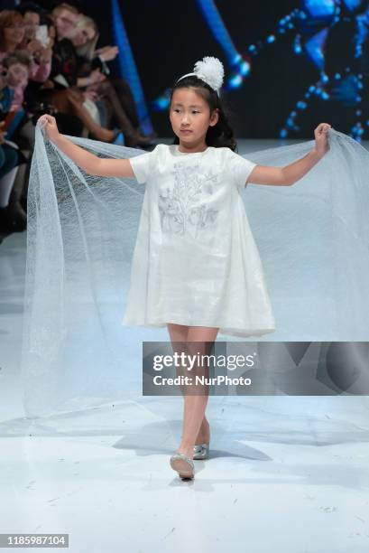 Model walks the runway at the Moka collection for Spring and Summer 2020 during the third annual Toronto Kids Fashion Week fashion show on November...