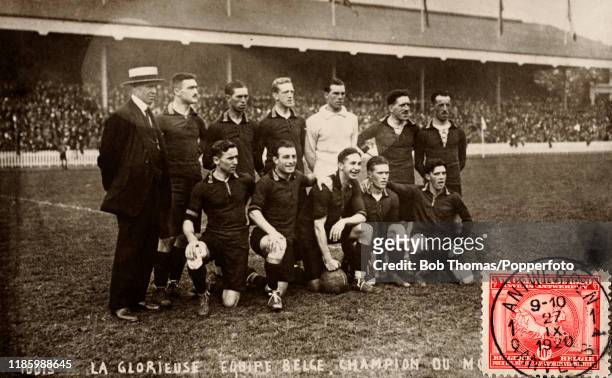 Vintage postcard featuring the football team of Belgium, winners of the gold medal during the Summer Olympic Games in Antwerp on 2nd September 1920....