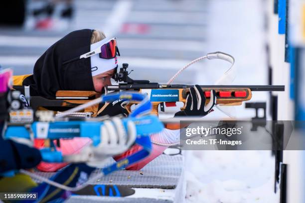 Hilde Fenne of Norway at the shooting range during the Women 10 km Pursuit of the IBU Cup Biathlon Sjusjoen on December 1, 2019 in Sjusjoen, Norway.