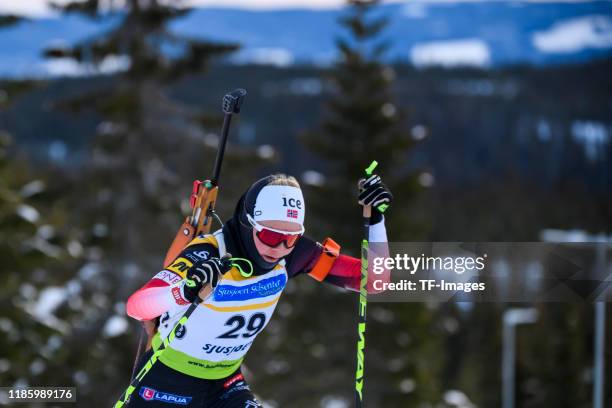 Hilde Fenne of Norway in action competes during the Women 10 km Pursuit of the IBU Cup Biathlon Sjusjoen on December 1, 2019 in Sjusjoen, Norway.