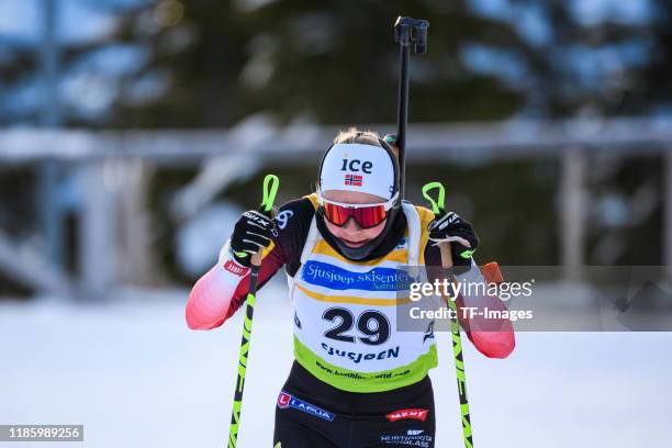 Hilde Fenne of Norway in action competes during the Women 10 km Pursuit of the IBU Cup Biathlon Sjusjoen on December 1, 2019 in Sjusjoen, Norway.