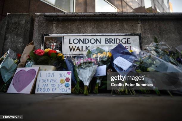 Floral tributes are left for Jack Merritt and Saskia Jones, who were killed in a terror attack, on December 2, 2019 in London, England. Usman Khan, a...