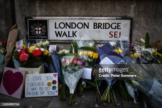 Floral tributes are left for Jack Merritt and Saskia Jones, who were killed in a terror attack, on December 2, 2019 in London, England. Usman Khan, a...