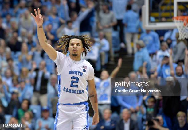 Cole Anthony of the North Carolina Tar Heels reacts after making a three-point basket against the Notre Dame Fighting Irish in the second half at the...