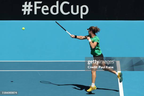 Sam Stosur of Australia plays a forehand while practicing during the 2019 Fed Cup Final Media Opportunity at RAC Arena on November 07, 2019 in Perth,...