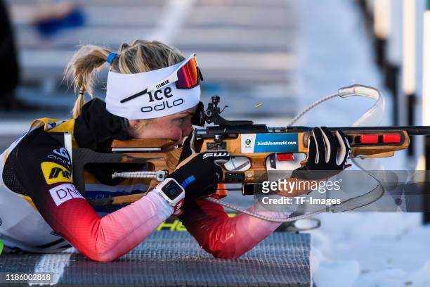 Hilde Fenne of Norway at the shooting range during the Women 7.5 km Sprint Competition of the IBU Cup Biathlon Sjusjoen on November 30, 2019 in...