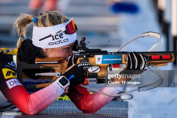 Hilde Fenne of Norway at the shooting range during the Women 7.5 km Sprint Competition of the IBU Cup Biathlon Sjusjoen on November 30, 2019 in...