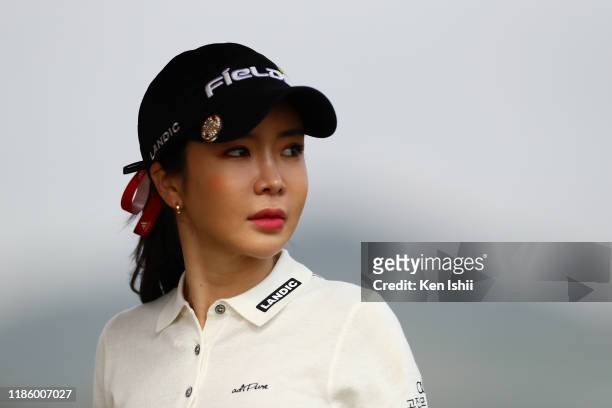 Shin-Ae Ahn is seen on her way to the 5th hole during the third round of the LPGA Final Pro Test at the JFE Setonaikai Golf Club on November 7, 2019...
