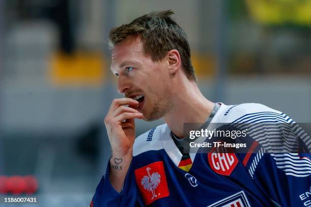 Blake Parlett of EHC Red Bull Muenchen looks on during the Champions Hockey League match between EHC Red Bull Muenchen and Yunost Minsk at...