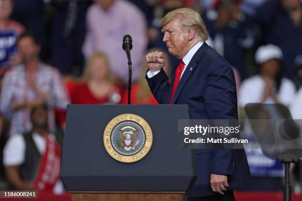 President Donald Trump gestures during a "Keep America Great" rally at the Monroe Civic Center on November 06, 2019 in Monroe, Louisiana. President...