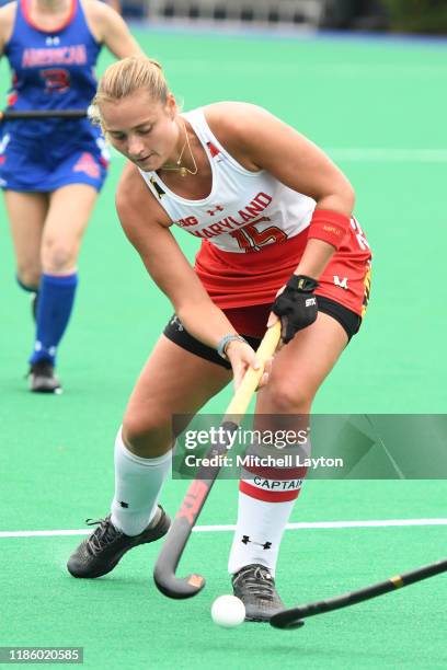 Bodil Keus of the Maryland Terrapins passes the ball during a women's field hockey game against the American Eagles at Jacobs Field on October 29,...