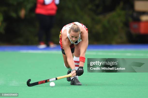 Bodil Keus of the Maryland Terrapins takes a shot during a women's field hockey game against the American Eagles at Jacobs Field on October 29, 2019...