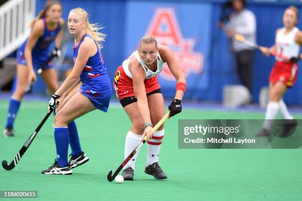 Bodil Keus of the Maryland Terrapins passes the ball during a women's field hockey game against the American Eagles at Jacobs Field on October 29,...