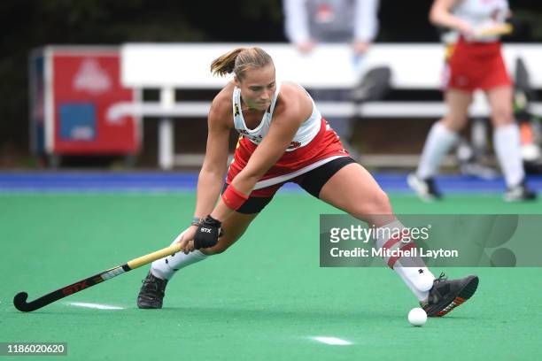 Bodil Keus of the Maryland Terrapins takes a shot during a women's field hockey game against the American Eagles at Jacobs Field on October 29, 2019...