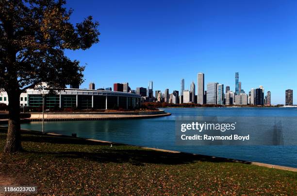 John G. Shedd Aquarium, and partial view of the Chicago skyline, photographed from outside the Adler Planetarium in Chicago, Illinois on November 5,...