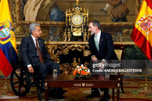 Spain's King Felipe VI meets with Ecuadorean president, Lenin Moreno, at the Royal Palace in Madrid during the UN Climate Change Conference COP25 on...