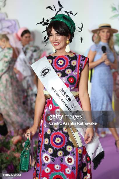 Winner of the 2019 Fashions on the field women's national prize Carena West is seen during 2019 Oaks Cup Day at Flemington Racecourse on November 07,...