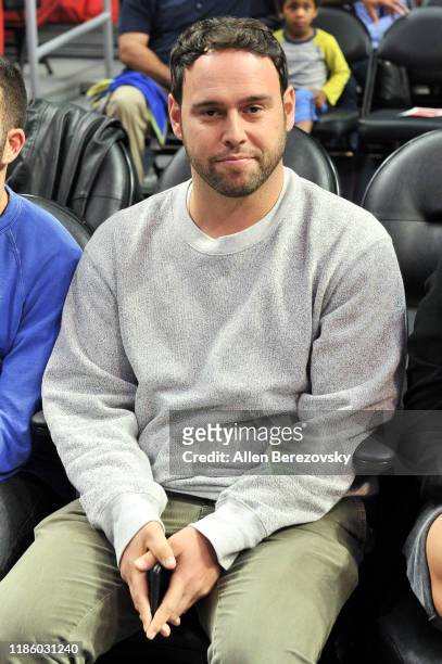 Scooter Braun attends a basketball game between the Los Angeles Clippers and the Milwaukee Bucks at Staples Center on November 06, 2019 in Los...