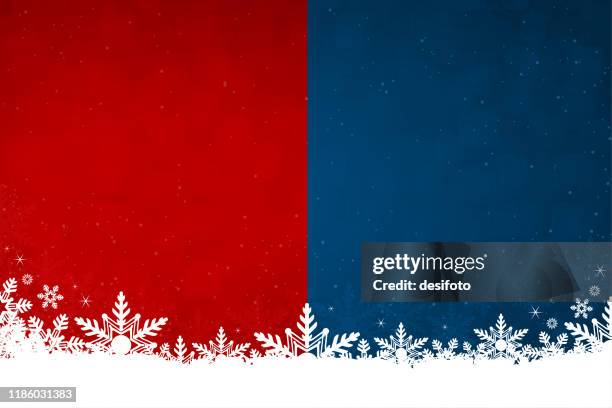 ilustraciones, imágenes clip art, dibujos animados e iconos de stock de nieve de color blanco y copos de nieve en la parte inferior de una ilustración vectorial de fondo de navidad horizontal a rayas rojas y azules - bottom