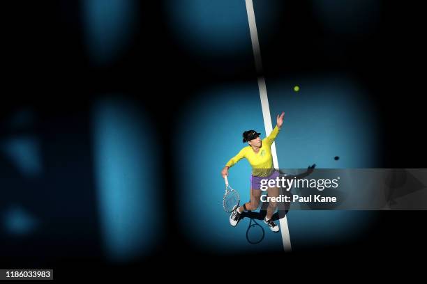 Ajla Tomljanovic of Australia serves while practicing during the 2019 Fed Cup Final Media Opportunity at RAC Arena on November 07, 2019 in Perth,...