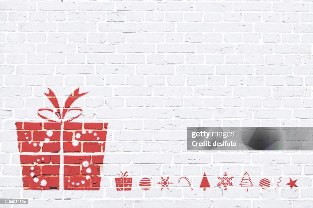 Modern white color brick pattern wall texture grunge background Xmas vector illustration with a red colored Christmas gift box tied with a ribbon bow and other xmas ornaments, graffiti graffitied on wall