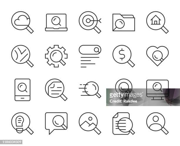 searching concept - light line icons - magnifying glass laptop stock illustrations