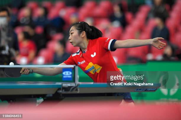 Wu Yue of the United States competes against Amelie Solja of Austria during Women's Teams - Group B - Match 3on day two of the ITTF Team World Cup,...