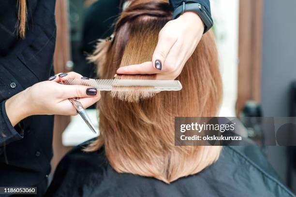 Hairdresser's hands are holding red hair in the beauty salon.