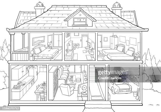 House In Cut Detailed Modern House Interior Many Rooms With Furniture Flat  Style Vector Illustration High-Res Vector Graphic - Getty Images