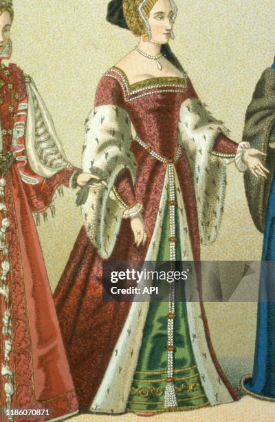 Portrait de la reine d'Angleterre Anne Boleyn, illustration du livre 'Le costume historique' d'albert racinet.