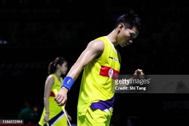 Chan Peng Soon and Goh Liu Ying of Malaysia react in the Mixed Doubles second round match against Robin Tabeling and Selena Piek of Netherlands on...
