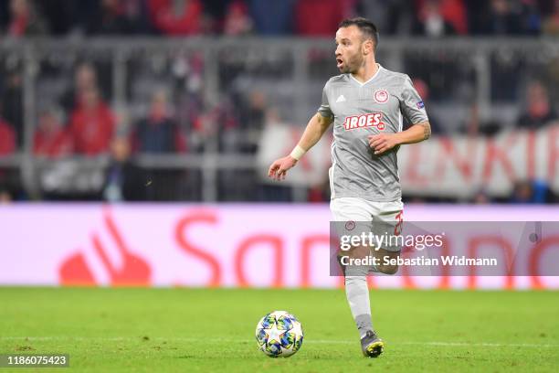 Mathieu Valbuena of Olympiacos FC plays the ball during the UEFA Champions League group B match between Bayern Muenchen and Olympiacos FC at Allianz...