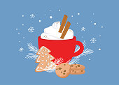 Christmas greeting card, winter invitation with red cup of hot drink. Cocoa or coffee decorated with cinnamon sticks, gingerbread cookie and fir tree branches. illustration background