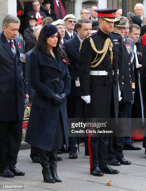 Meghan, Duchess of Sussex and Prince Harry, Duke of Sussex attend the 91st Field of Remembrance at Westminster Abbey on November 07, 2019 in London,...