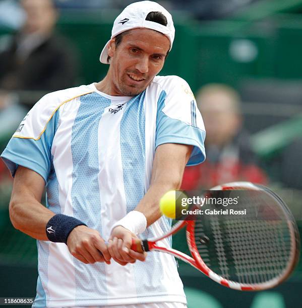 Argentina tennis player Juan Ignacio Chela in action during the match against Korolev, from Kazakhstan on third day of the series between Argentina...