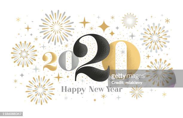 happy new year 2020 greeting card with fireworks - new year new you 2019 stock illustrations