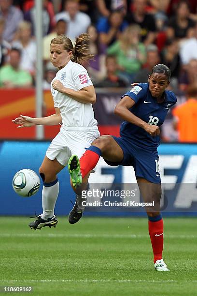 Marie-Laure Delie of France challenges Rachel Unitt of England during the FIFA Women's World Cup 2011 Quarter Final match between England and France...