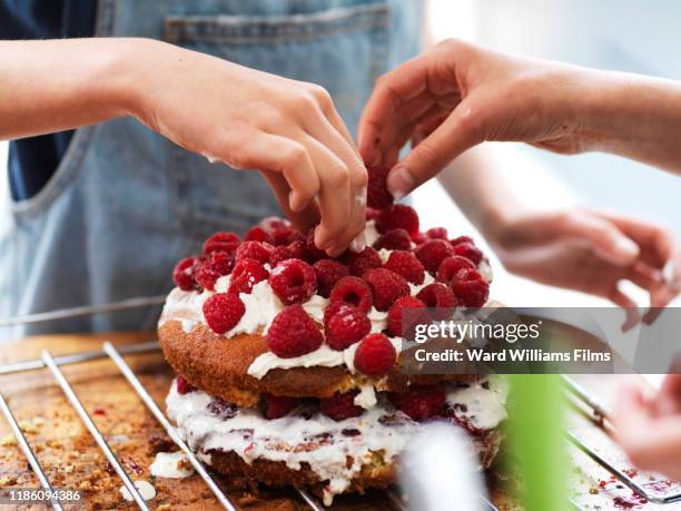 girl and her sister baking a cake, decorating cake with fresh cream and raspberries at kitchen table, cropped view of hands - positioning ストックフォトと画像