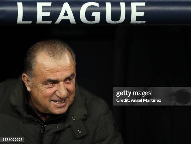 Fatih Terim, Manager of Galatasaray looks on prior to the UEFA Champions League group A match between Real Madrid and Galatasaray at Bernabeu on...