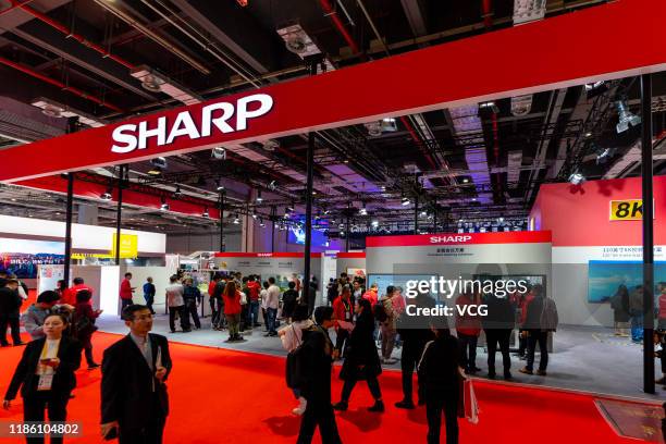 People visit Sharp booth during the 2nd China International Import Expo at the National Exhibition and Convention Center on November 6, 2019 in...