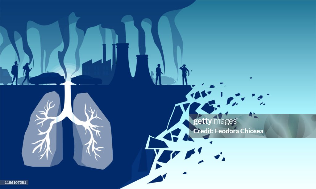 Vektor av mänskliga lungor inhalera giftiga föroreningar, industriella toxiner, cigarettrök och bilutsläpp