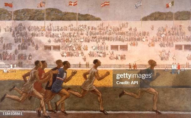 Course d'athlétisme aux jeux olympiques d'été de 1924, à Paris, France, dessin publié dans le journal 'L'Illustration'.