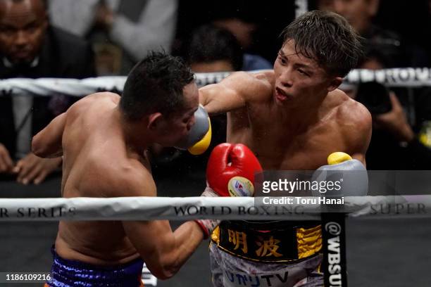Naoya Inoue of Japan competes against Nonito Donaire of the Philippines during the WBSS Bantamweight Final at Saitama Super Arena on November 07,...