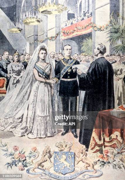 Mariage de la reine Wilhelmine des Pays-Bas avec le duc Henri de Mecklembourg-Schwerin, le 7 février 1901, illustration publiée dans 'Le Petit...