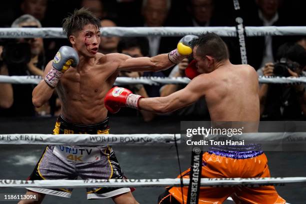 Naoya Inoue of Japan competes against Nonito Donaire of the Philippines during the WBSS Bantamweight Final at Saitama Super Arena on November 07,...