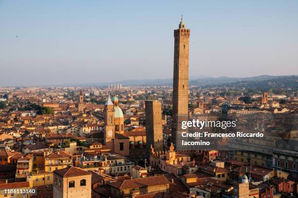 bologna, cityscape from above, view of garisenda and asinelli tower - bologna fotografías e imágenes de stock