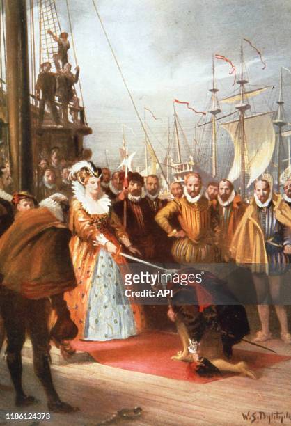La reine d'Angleterre Elizabeth 1ère adoubant le corsaire Francis Drake à bord du Golden Hind, en 1581, Royaume-Uni.