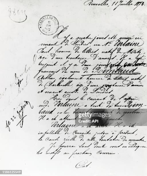 Le rapport de la préfecture de Bruxelle sur la tentative d'assassinat de d'Arthur Rimbaud par Paul Verlaine, daté du 13 juillet 1873, Belgique.