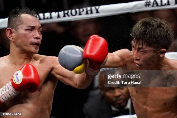Naoya Inoue of Japan competes against Nonito Donaire of the Philippines during the WBSS Bantamweight Final at Saitama Super Arena on November 07,...