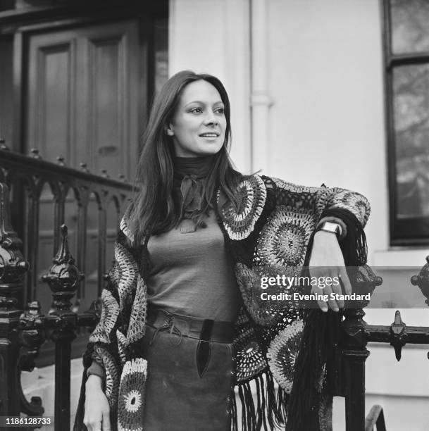 English actress Francesca Annis posed wearing a crochet shawl in London on 25th November 1970.